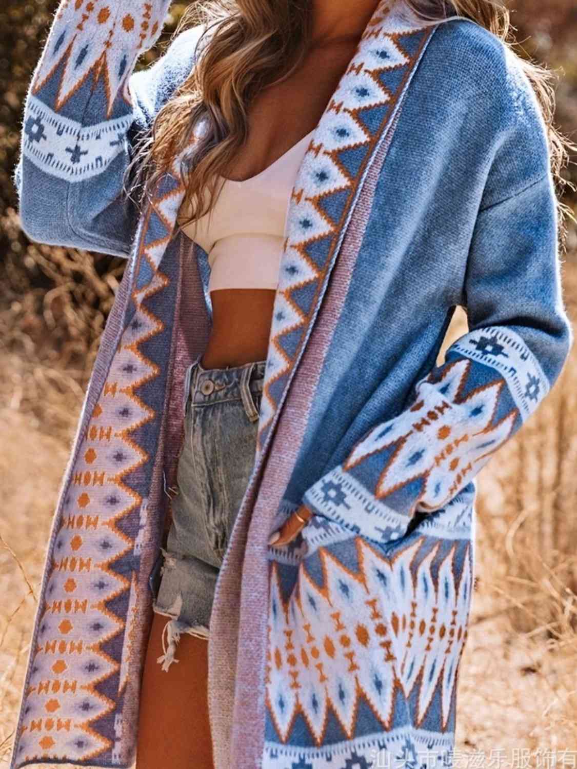 Plus Size Geometric Open Front Cardigan with Pockets
