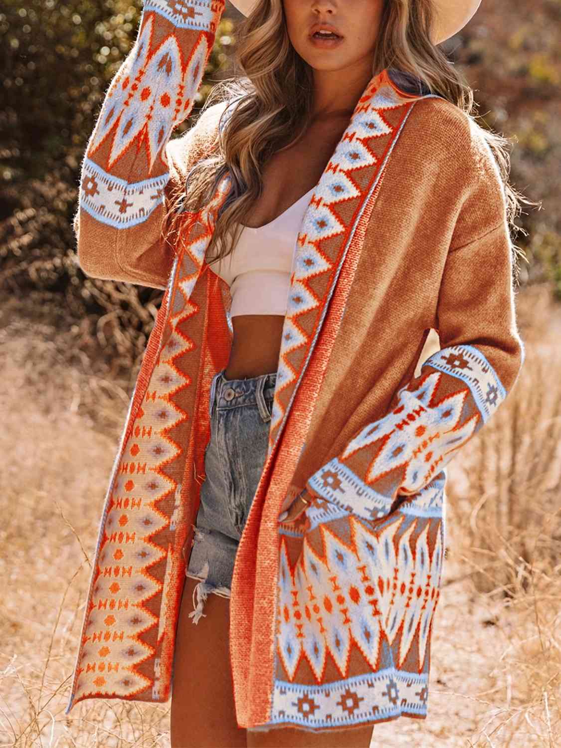 Plus Size Geometric Open Front Cardigan with Pockets