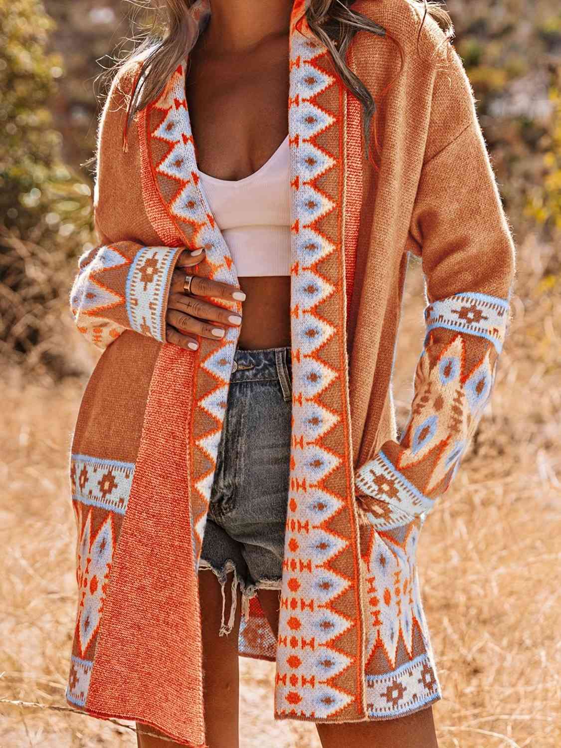 Plus Size Geometric Open Front Cardigan with Pockets