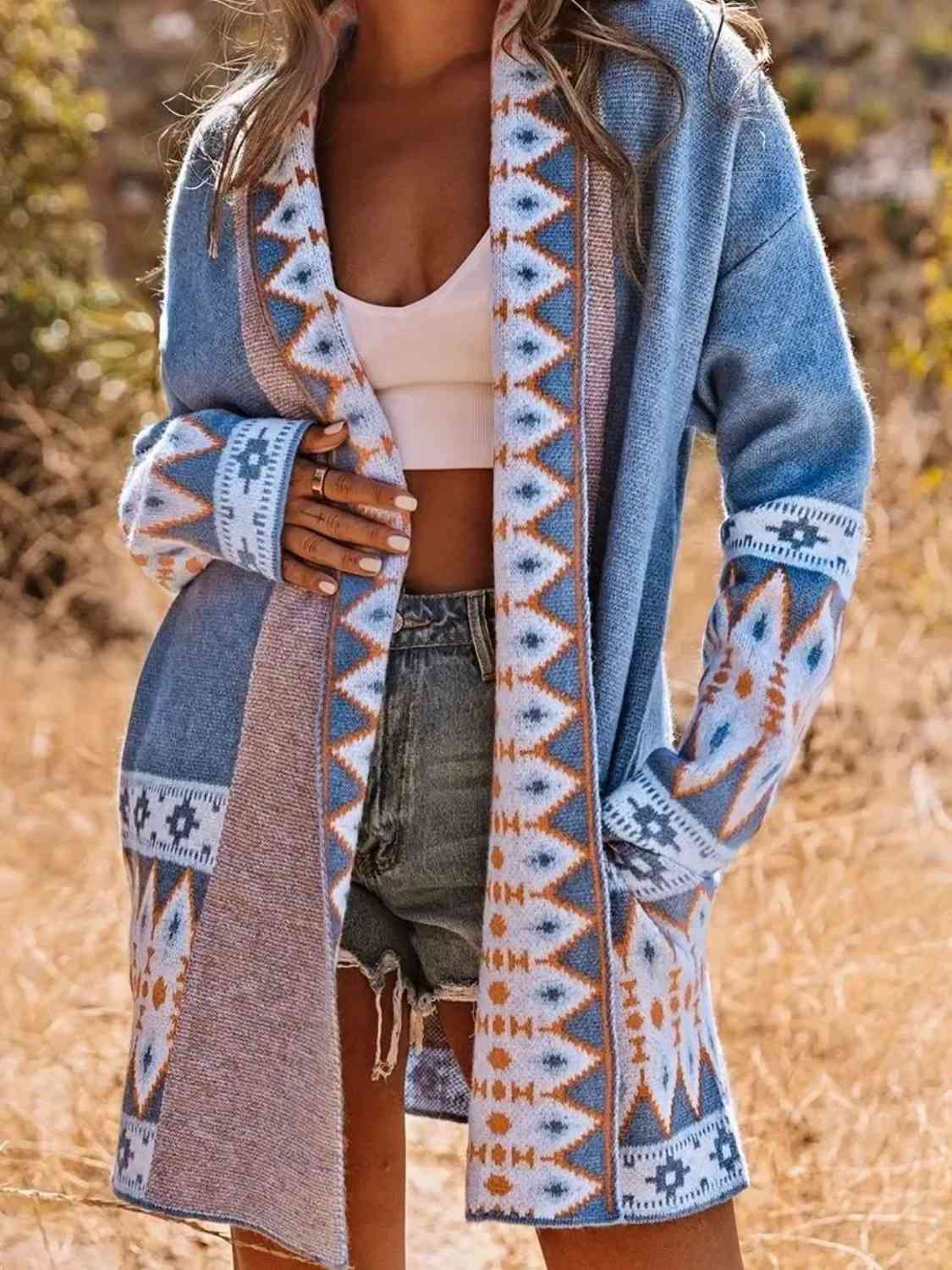 Plus Size Geometric Open Front Cardigan with Pockets