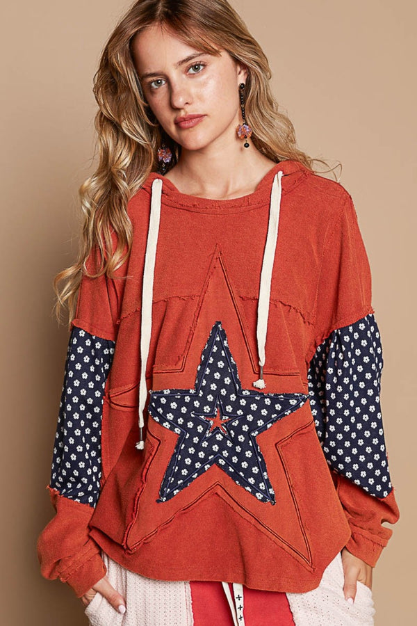 POL Star Patchwork Raw Edge French Terry Hoodie