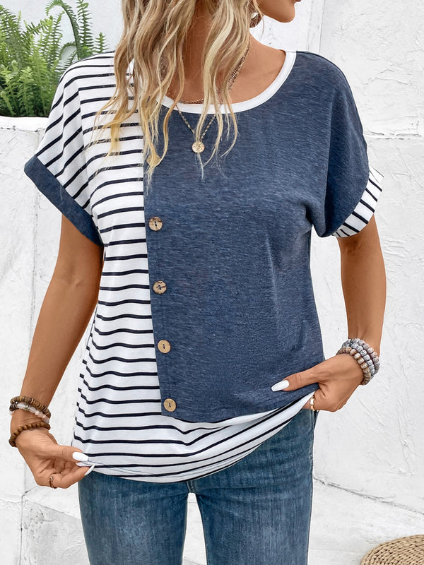 Decorative Button Striped Round Neck Short Sleeve Top