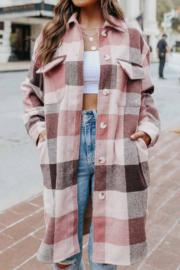 MeiMei Plaid Button Up Dropped Shoulder Coat