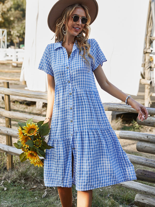 Button Up Plaid Short Sleeve Midi Dress