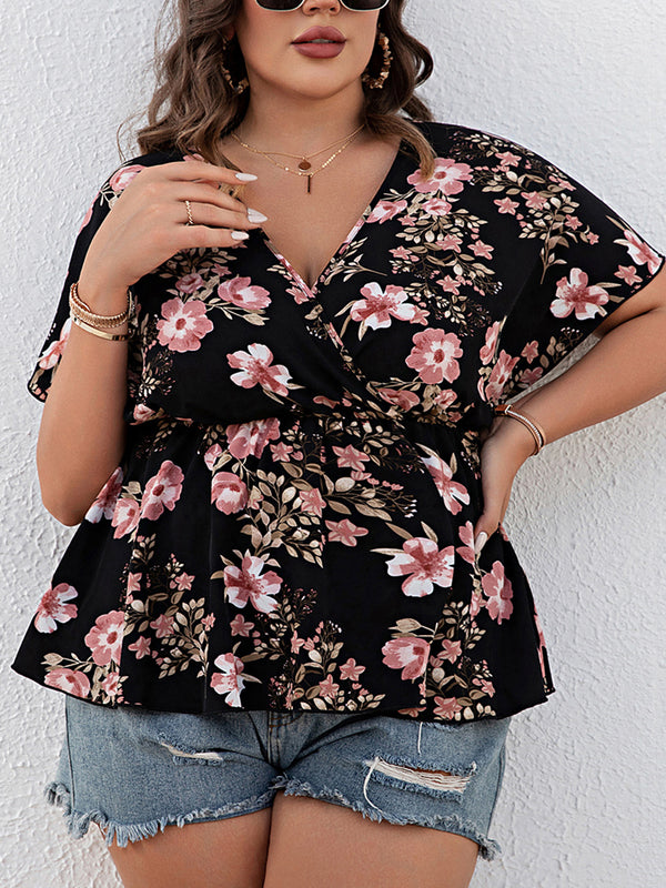 Plus Size Floral Surplice Short Sleeve Blouse