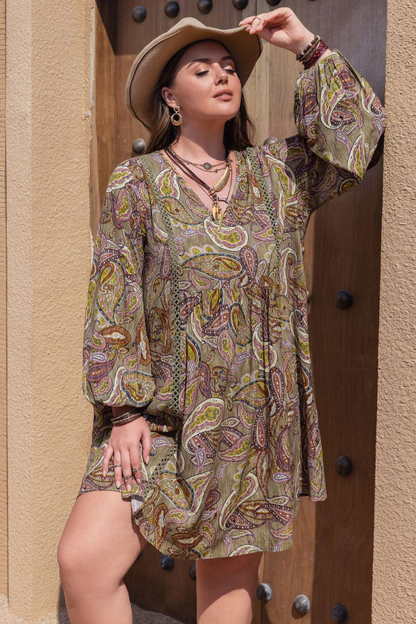 Plus Size Printed V-Neck Long Sleeve Midi Dress