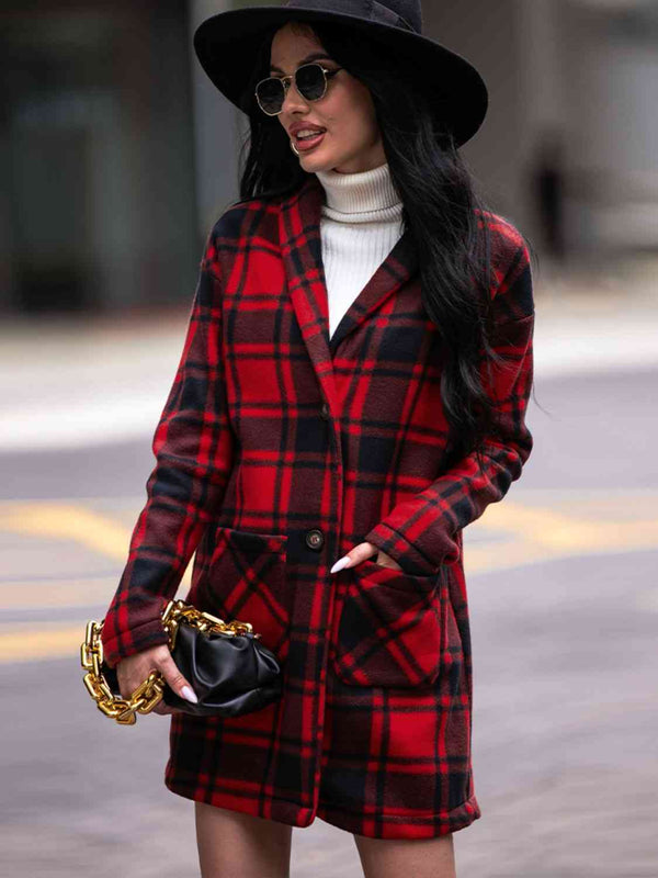 Plaid Shawl Collar Coat with Pockets