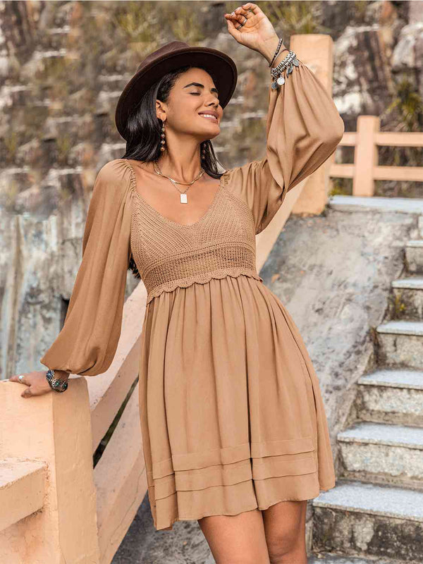 Crochet V-Neck Balloon Sleeve Dress