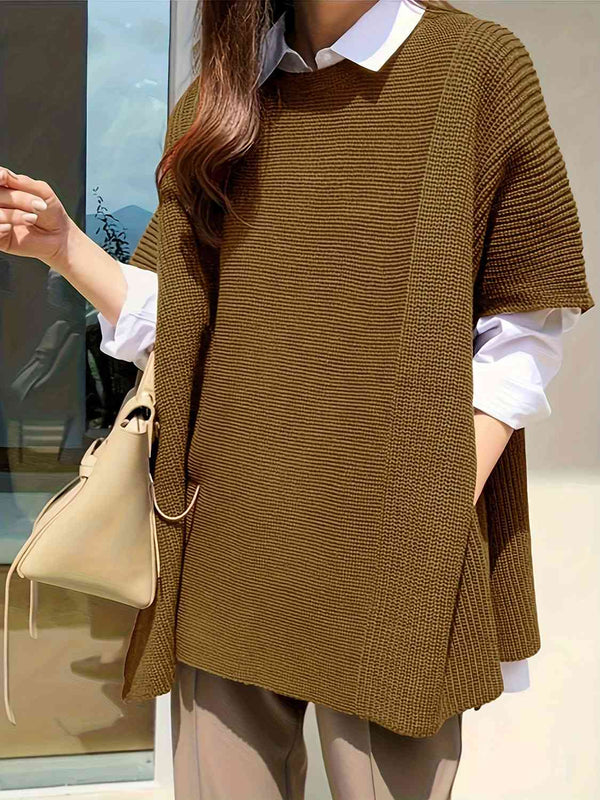 Plus Size Round Neck Slit Short Sleeve Sweater