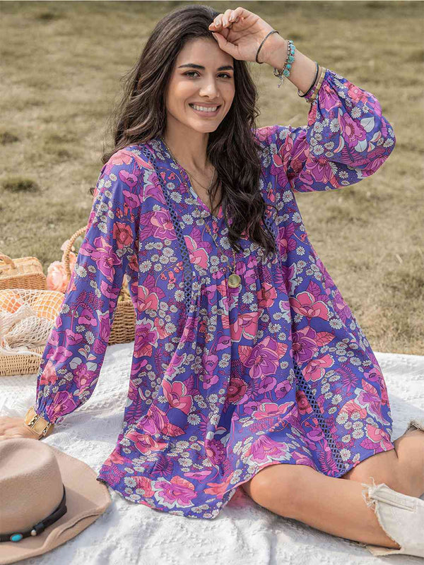 Floral Ruched V-Neck Long Sleeve Dress