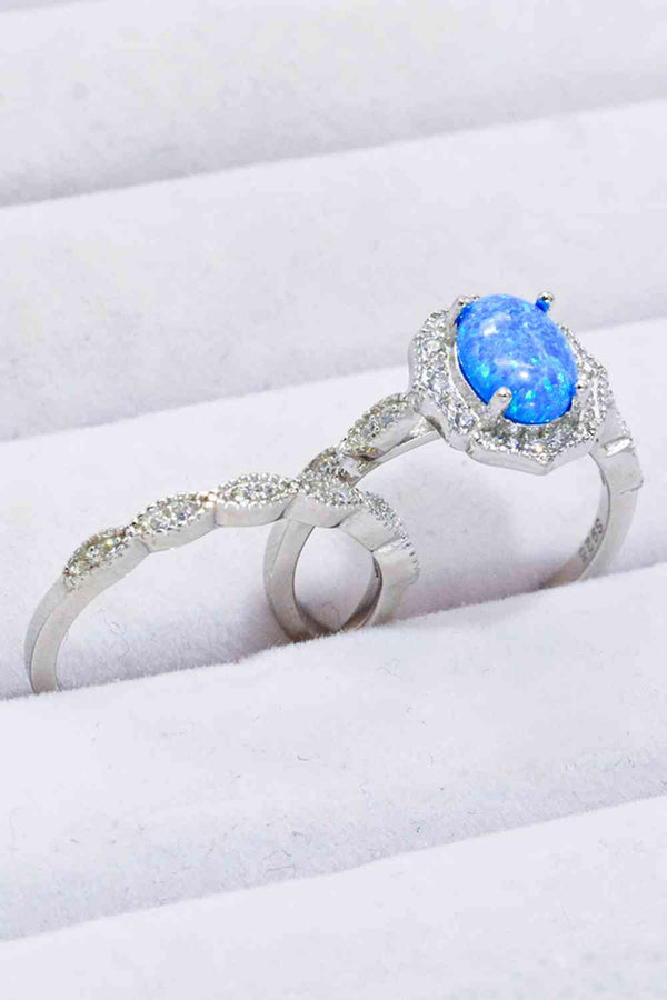 2-Piece 925 Sterling Silver Opal Ring Set