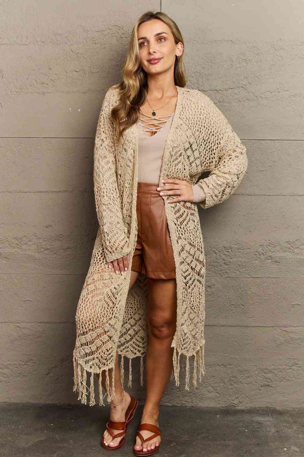 HEYSON Boho Chic Full Size Western Knit Fringe Cardigan