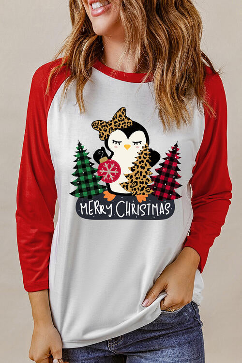 MERRY CHRISTMAS Penguin Round Neck Long Sleeve T-Shirt